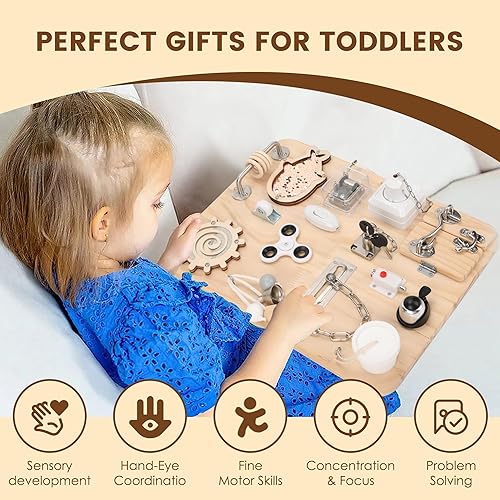 Pithfor Wooden Montessori Busy Board for Year Old, Montessori  Sensory Activity Board Toys for Kids Tod