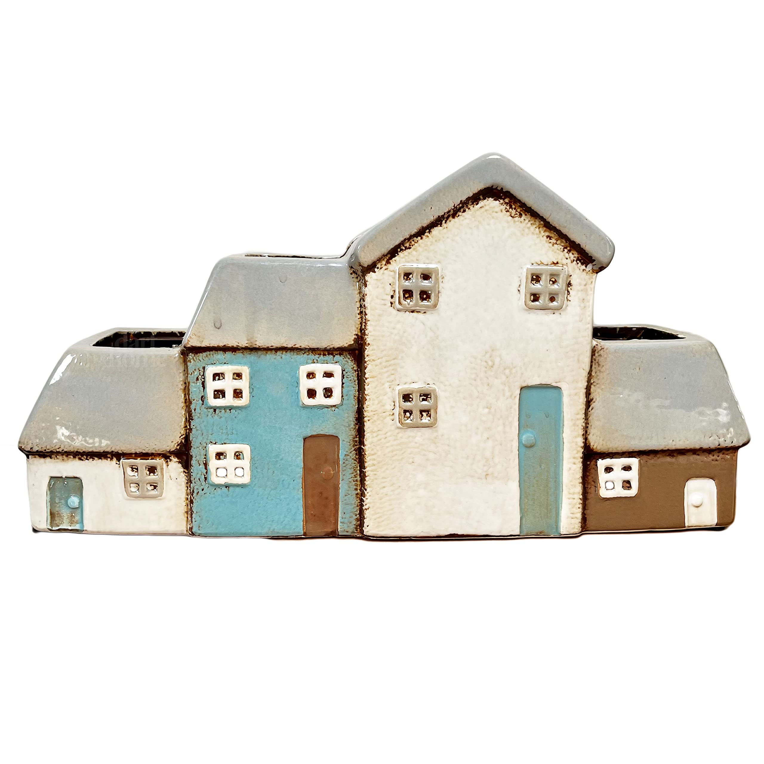 Darthome Ceramic Multi Village Cottage 4 Houses Pottery Flower Plant Pot Holder Ornament