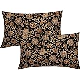 Black Brown Floral Lumbar Pillow Covers 12X20 Inch Set of 2 Vintage Boho Carpet Flowers Decorative Pillow Cases Leaves Plant Cotton Linen Cushion Case Farmhouse Home Decor For Sofa Couch Living Room