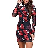 ABMOIU Sexy Print Long Sleeve Mini Dress for Women Bodycon Mock Neck 2 Piece Party Club Dresses