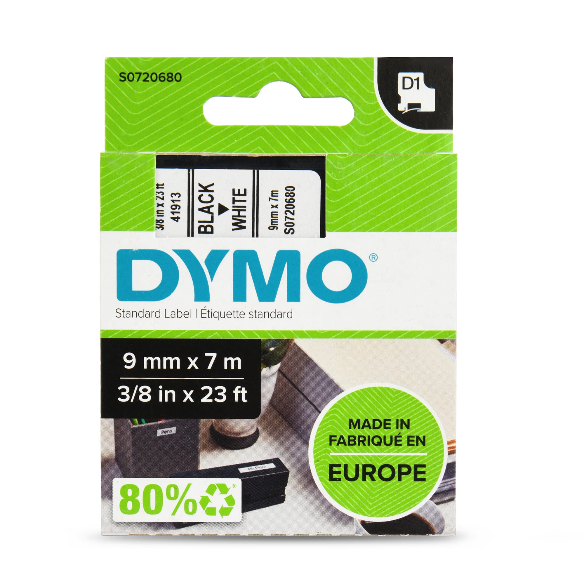5 x Dymo D1 Standard Labelling Tape 40913 (S0720680) 9mm x 7m - Black on White