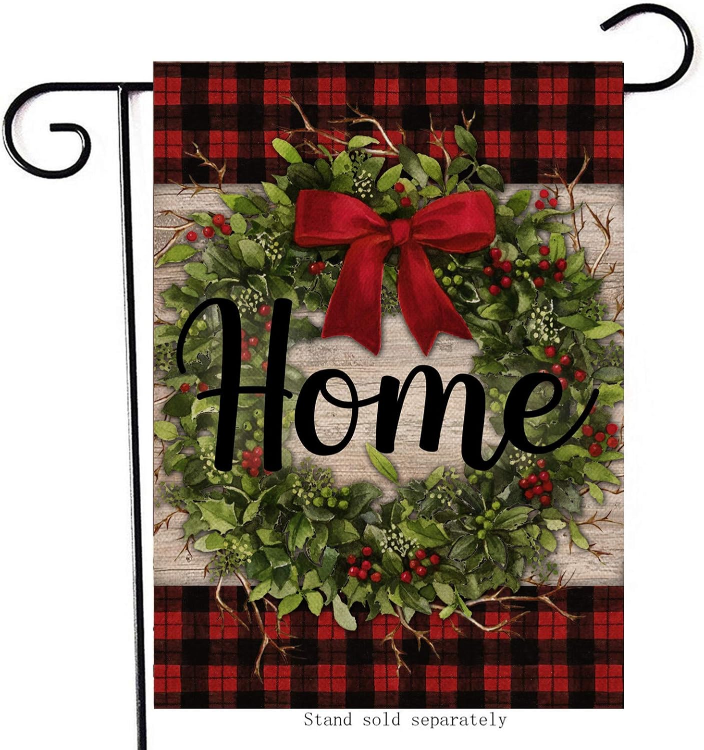 Artofy Christmas Home Decorative Small Garden Flag, Buffalo Plaid Check Xmas House Yard Outside Wreath Black Red Welcome Decor, Winter Holiday Decoration Farmhouse Seasonal Outdoor Flag Vertical 12x18