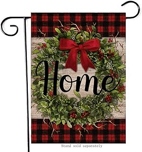 Artofy Christmas Home Decorative Small Garden Flag, Buffalo Plaid Check Xmas House Yard Outside Wreath Black Red Welcome Decor, Winter Holiday Decoration Farmhouse Seasonal Outdoor Flag Vertical 12x18