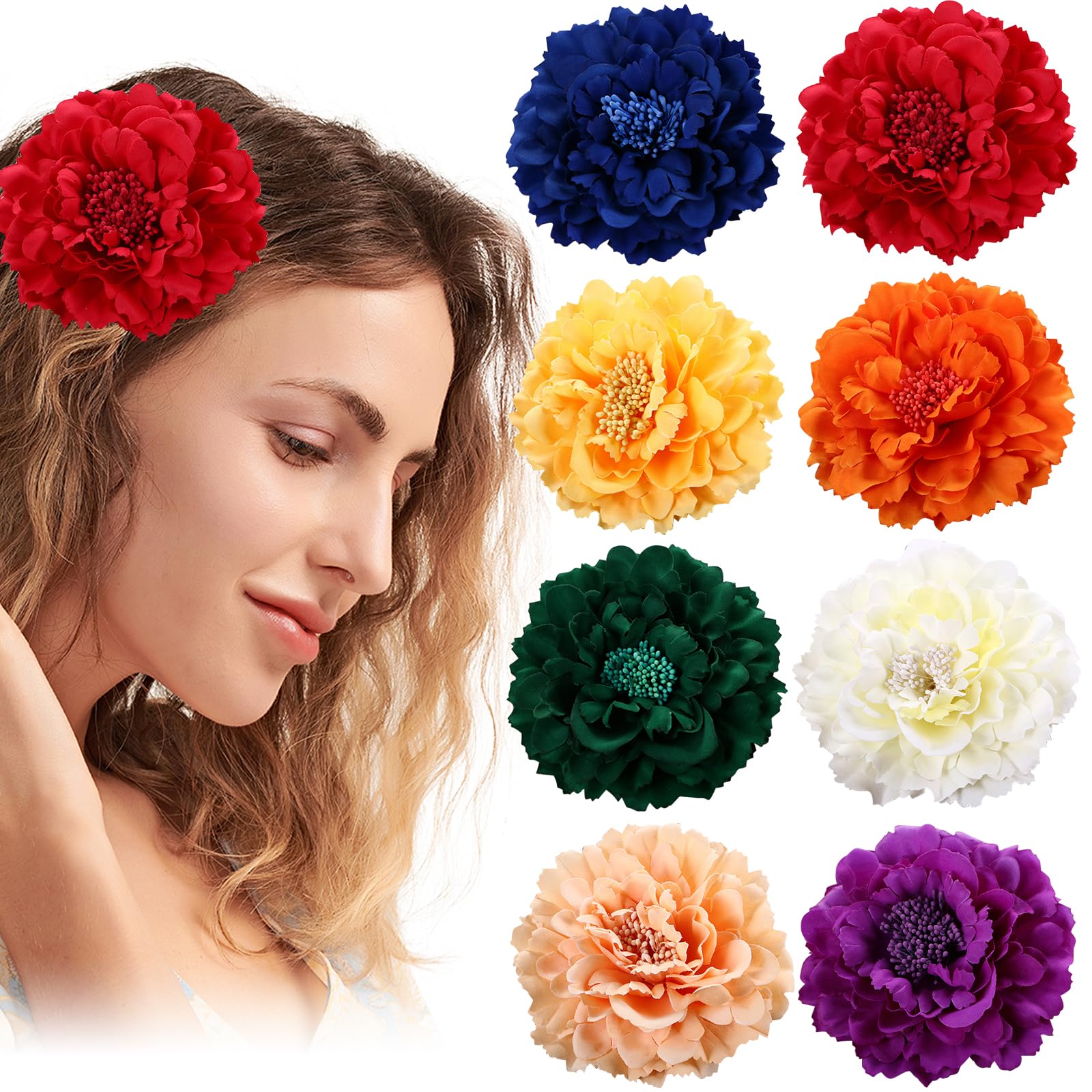 VEGCOO 8 Pcs Peony Flower Hair Clip, Multicolor Flower Hairpin Large Hair Barrette, Hair Accessories Vintage Rose Fascinator for Women Girls Party Beach Wedding