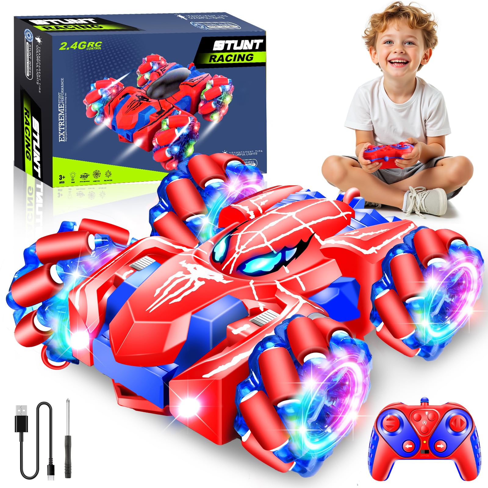 Ciiokjnm Remote Control Cars, RC Cars Kid Toys, 2.4Ghz Stunt RC Car, Double Sided 360° Rotation with Headlight USB Rechargable, Gift Toys for 3 4 5 6 7 8 Year old Boys Girl Kids