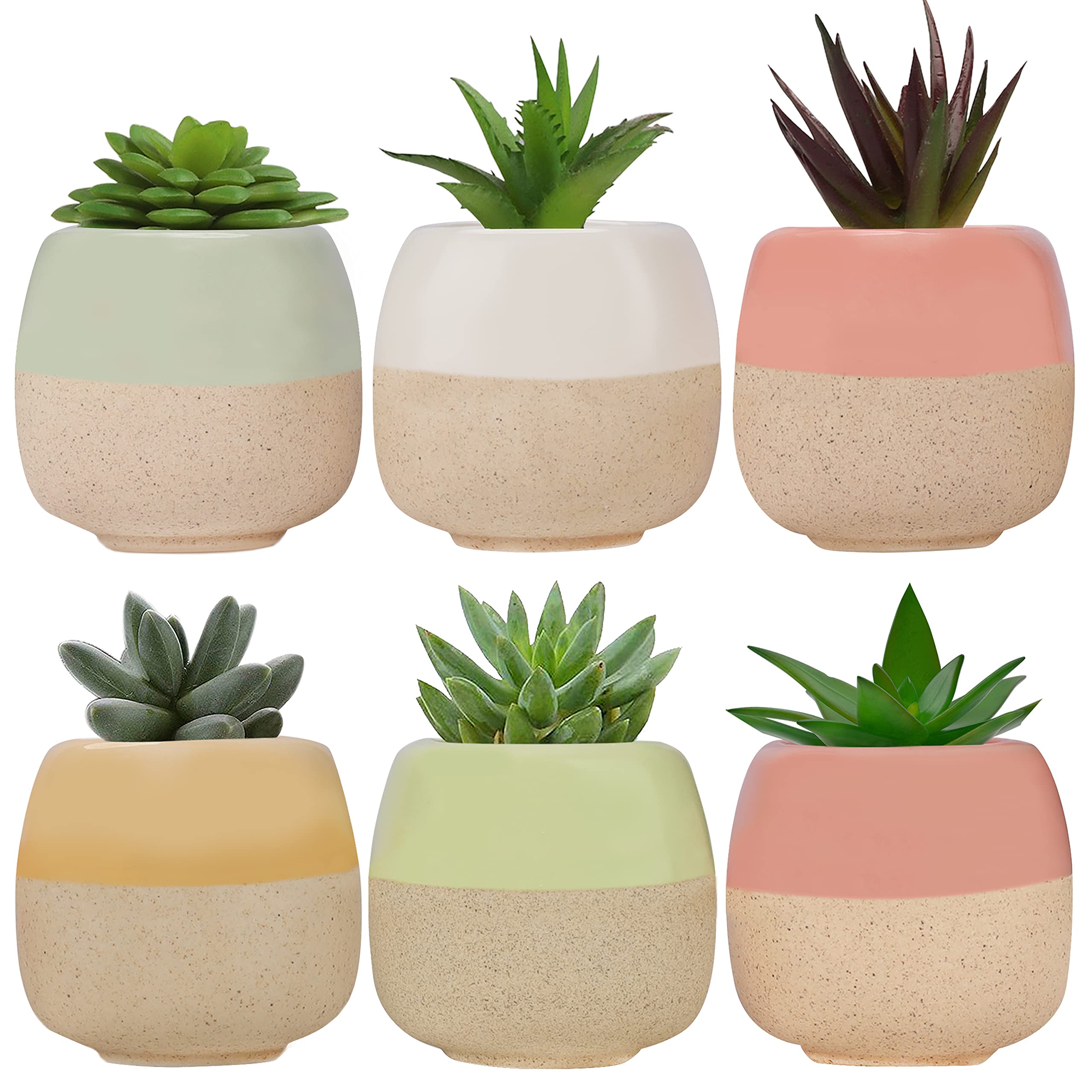 BELLE VOUS Mini Ceramic Plant Pot (6 Pack) - L6 x H5.5cm / 2.36 x 2.17 Inches - Flower Planter Set with Drain Holes - Home, Office, Indoor, Outdoor & Garden Decor Pots for Succulent & Cactus Plants