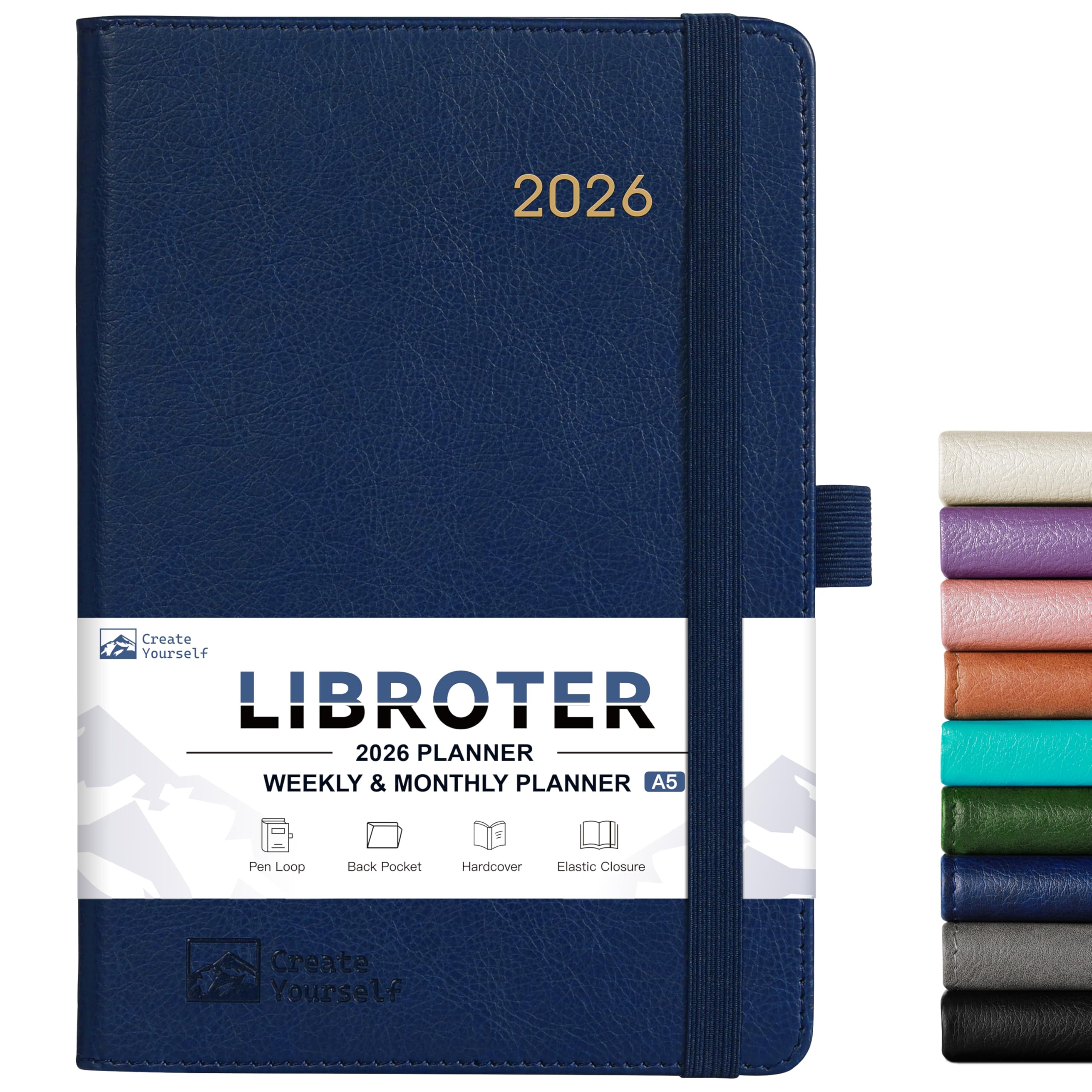 Photo 1 of 2026 Planner - Planner 2026, 2026 Weekly Monthly Planner, Jan.2026 - Dec.2026, 5.7'' x 8.4'', Thick Paper, Leather Cover, Pen Holder, Back Pocket, Bookmarks, Perfect Daily Organizer - Navy Blue
