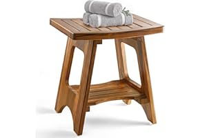 HOLANA 18" Teak Shower Bench for Inside Shower - 450LBS Capacity Wooden Shower Stool Benches Waterproof for Shaving Legs - Bench Seat with Storage Towel Shelf for Bathroom - Tub Bench Chair Spa Bath