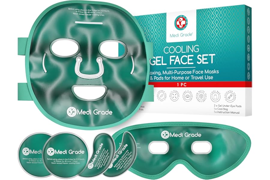 Medi Grade Cooling Ice Face Mask and Cooling Eye Mask for Puffy Eyes & Migraine Relief – Self Care Face Ice Pack with ChillGel Face Ice Mask Technology – Cooling Face Mask, Eye Pads and Bag