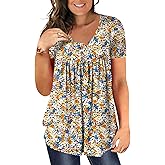 BeadChica Women's Plus Size Tunic Tops Casual Flowy Tshirts Ruched Botton Up Short Sleeve Blouses-Printed-XL