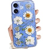 YUCHii for iPhone 16 Clear Case,Aesthetic Floral Phone Case with Pressed Real Flowers Design,Glitter Cute Floral Pattern Women's Phone Case Slim Soft TPU Protective Girl's Phone Cover for iPhone 16