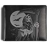 skneephate Gothic Mens Wallets Bifold Grim Reaper Soft Genuine Leather Black Wallet For Men,Rfid Blocking,Gifts for Husband