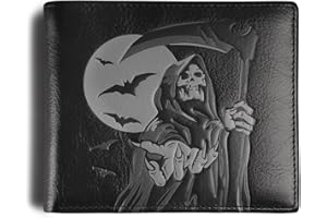 SKNEEPHATE Gothic Mens Wallets Bifold Grim Reaper Soft Genuine Leather Black Wallet for Men,RFID Blocking,Gifts for Husband