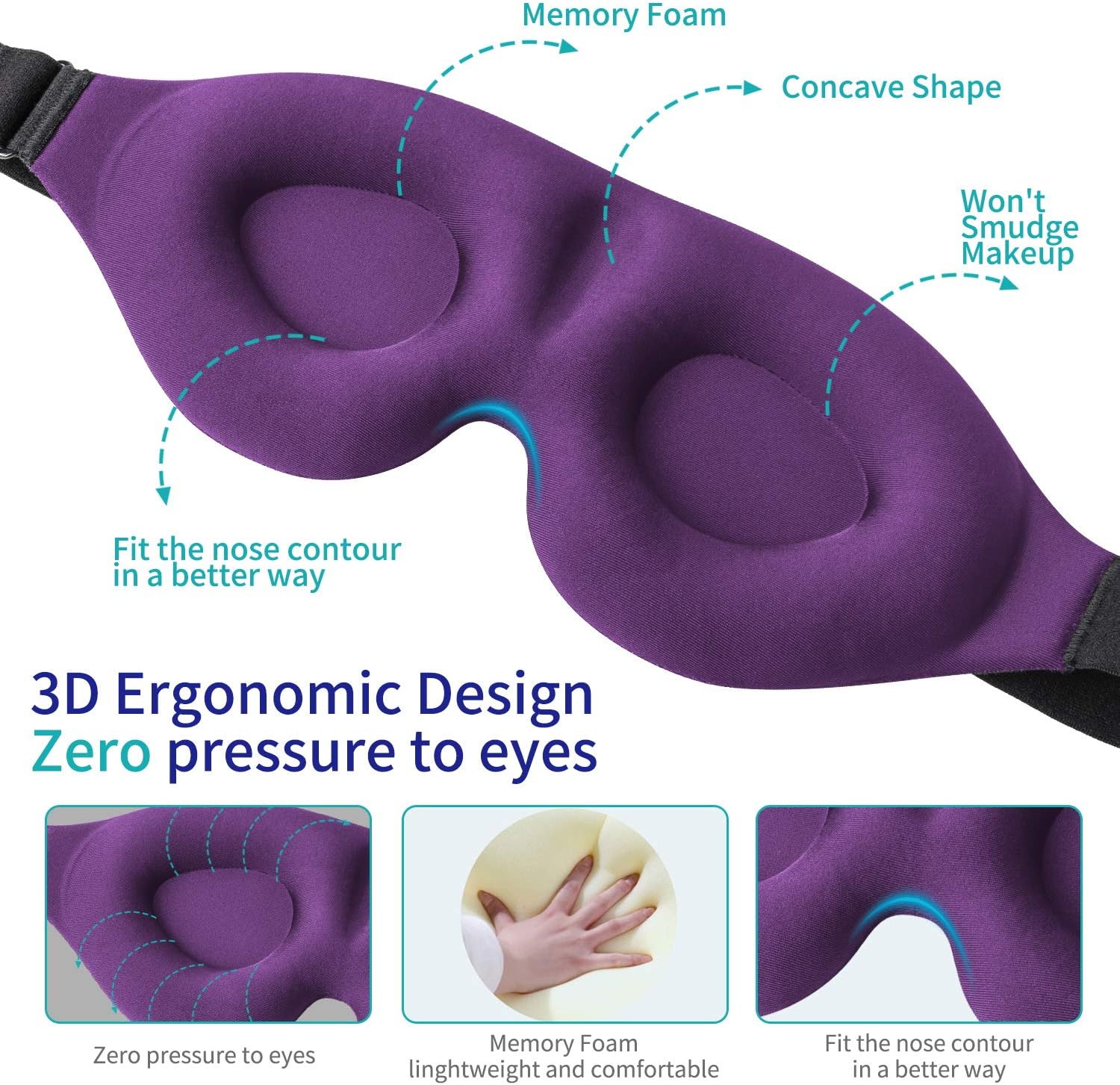 3D Sleep Mask, New Arrival Sleeping Eye Mask for Women Men, Contoured Cup Night Blindfold, Luxury Light Blocking Eye Cover, Molded Eye Shade with Adjustable Strap for Travel, Nap, Meditation, Purple: Health & Personal Care