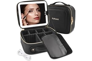 Kahami Makeup Bag with LED Mirror, Travel Make Up Cosmetic Bag with 3 Light Settings, Makeup Train Case with Adjustable Brightness Dividers for Makeup Essentials Jewelry, Gift for Women, Black