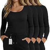 Yearntown 4 Pack Women's Plus Size Underscrubs Shirts, Cotton Ribbed Long Sleeve Nurse Top Scoop Neck Fitted Basic Undershirt