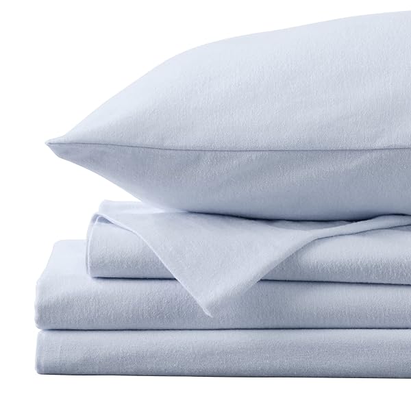 MARKET & PLACE 100% TURKISH COTTON FLANNEL SHEET SET | 4 PIECE DEEP POCKET SOLID COZY WINTER BED SHEETS | DOUBLE BRUSHED FOR EXTRA SOFTNESS & COMFORT | CHALET COLLECTION (QUEEN, LIGHT BLUE)