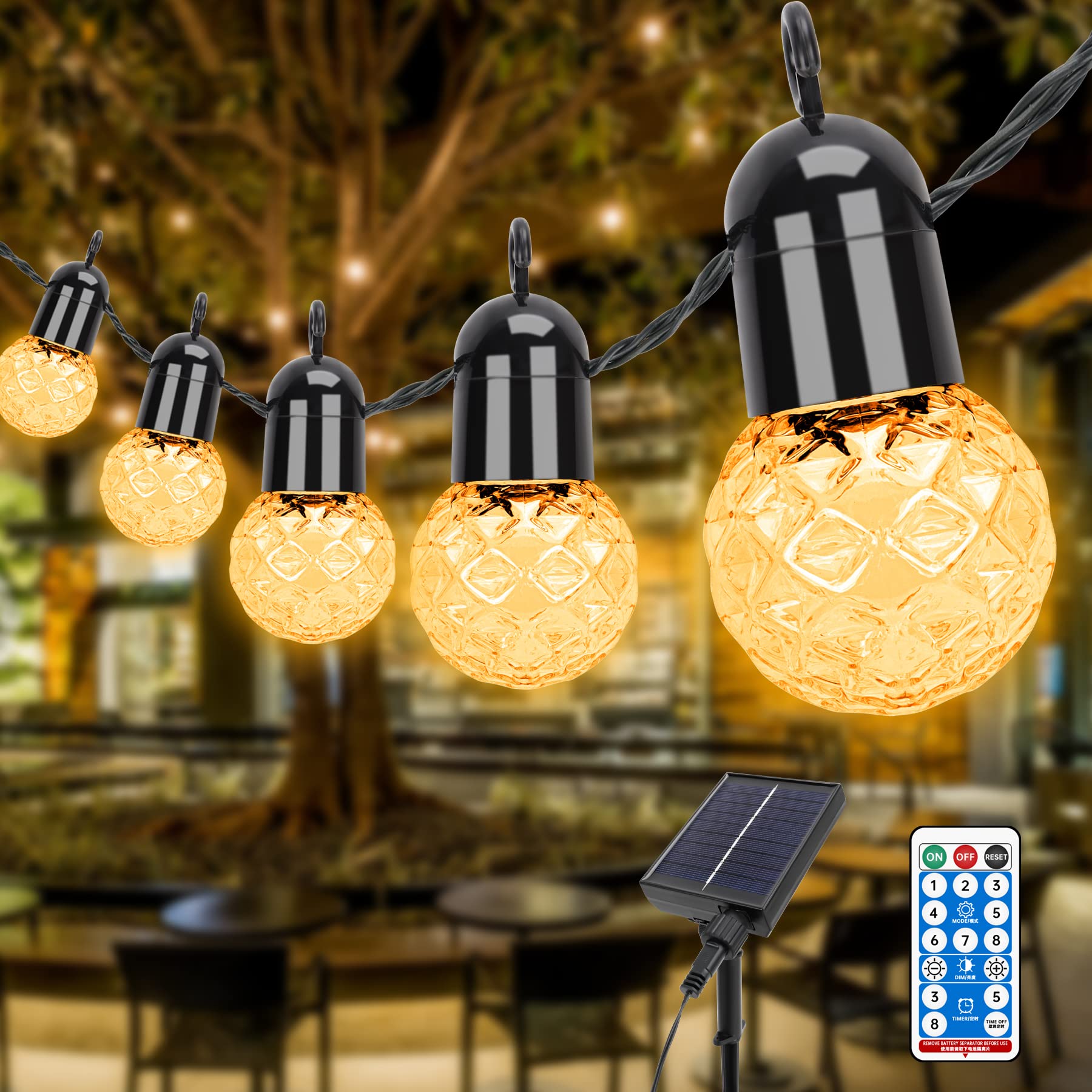 Aourow LED Solar Festoon Lights Outdoor,25 G40 Bulbs 15.5m String Lights with 4 Brightness Levels and 4-Step Time Setting,IP44 Weatherproof Garden Decorative Lamp for Party,Festival,Warm White