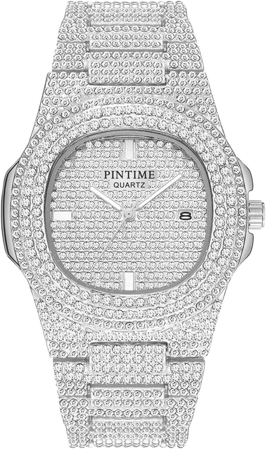 Luxury Mens/Womens Unisex Crystal Watch Bling Iced-Out Watch Oblong Silver/Gold Wristwatch Fashion Diamond Quartz Analog Watch with Stainless Steel Bracelet