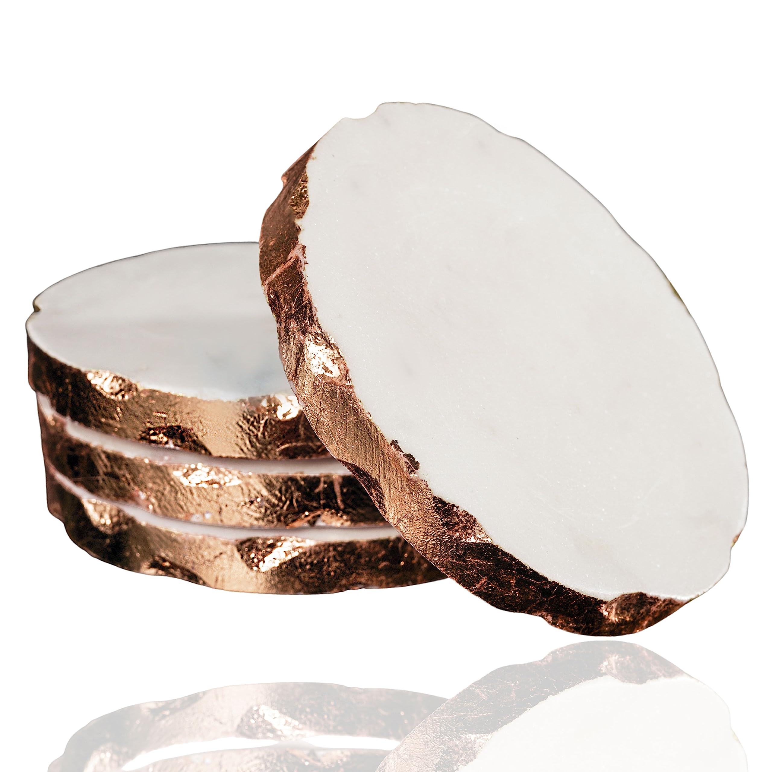 NIKITA White Marble Coaster Set of 4 - Rose Gold, Silver or Gold Coasters with Metallic Leaf Edge - Neutral Round Drink Coasters - Marble Coaster Japan Deco for Living Room or Kitchen (Rose Gold)