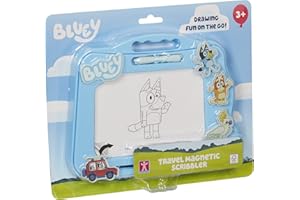 CHARACTER OPTIONS Bluey Travel Magnetic Scribbler pad with Pen and 3 Stamps, Draw and Erase with no Mess, Blue