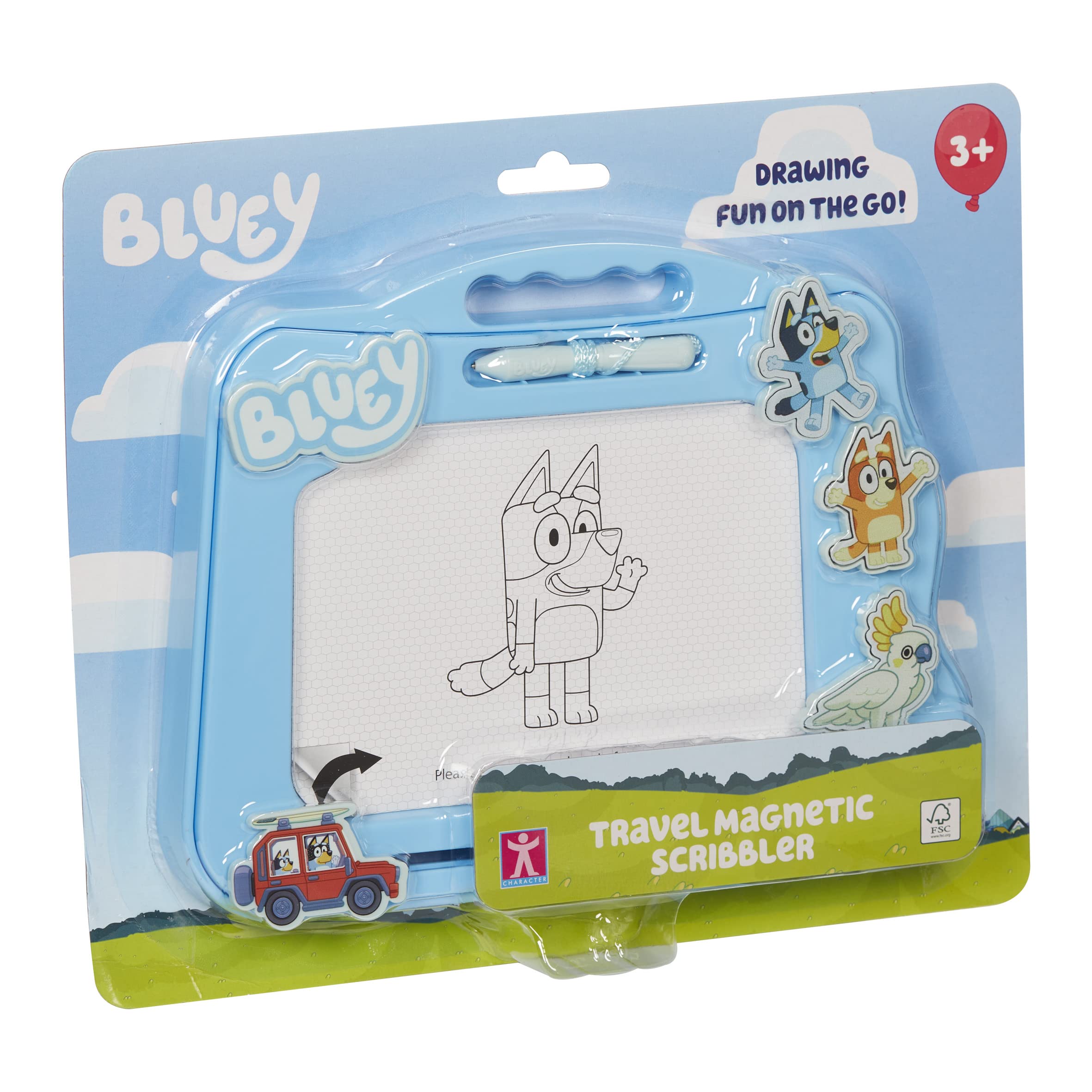 Bluey Travel Magnetic Scribbler pad with pen and 3 stamps, draw and erase with no mess, Blue