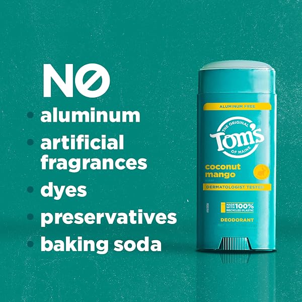 TOM’S OF MAINE COCONUT MANGO ALUMINUM FREE NATURAL DEODORANT FOR WOMEN & MEN | GOES ON CLEAR | ODOR & WETNESS PROTECTION | NATURALLY DERIVED AND MOISTURE-LOCKING INGREDIENTS | 3.25 OZ