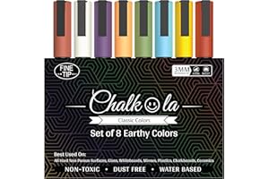 CHALKOLA Fine Tip Chalkboard Chalk Markers (8 Pack 3mm) Classic Earth Color Ink - Erasable Dry Erase Marker Pens for Blackboards, Bistro, Window | 3mm Reversible Bullet & Chisel Point
