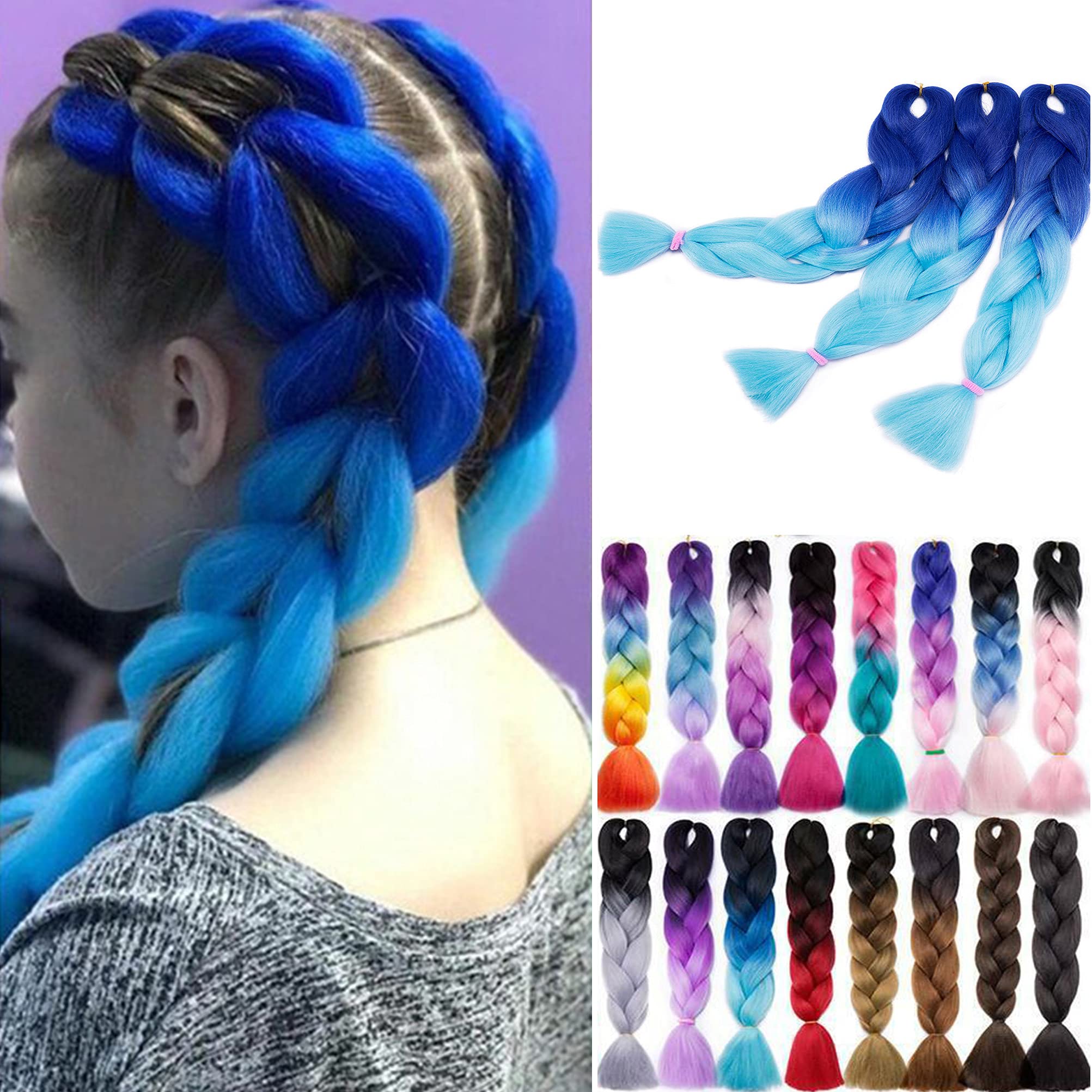 Jumbo Braiding Hair 24 inch Ombre Braid Hair Extensions Jumbo Box Braids Crochet Hair Long Rainbow Colorful for Women Kids DIY High Temperature Synthetic Fiber 3 Bundles Royal Blue to Sky Blue