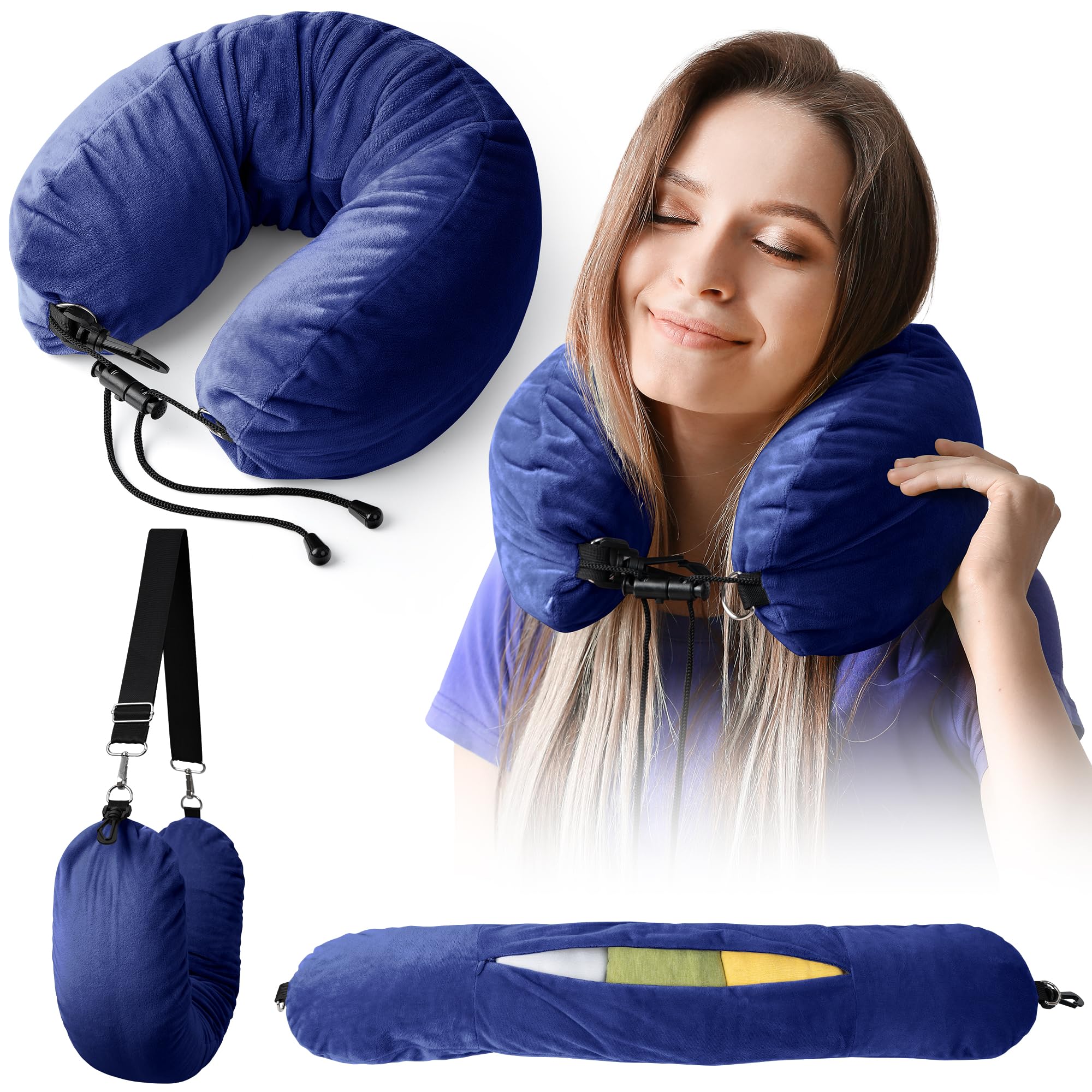 Photo 1 of Vokelater Stuffable Neck Pillow for Travel, Neck Pillow for Extra Luggage Storage Ideal 1-3 Days Travel Essentials, Adjustable U-Shapes Airplane Pillow Size, Soft Velvet Cover, No Filler, Blue