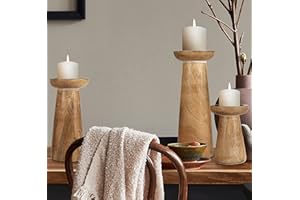 HOMEBIA DESIGNS Hand Crafted Wooden Pillar Candle Holder Set of 3, Ideal for LED and Pillar Candle, Gift for Wedding, Christmas, Party, Home, Spa, Reiki, Aromatherapy, Votive Candle Garden - 10,8,6 Inch - White Wash