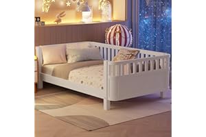 OYUMOENTS Twin Size Kids Bed Frame, Low Profile Montessori Twin Bed with Rails, Wood Daybed for Girls & Boys, No Spring Box Required, No Squeaks, White