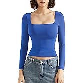 SUUKSESS Women Square Neck Long Sleeve Tops Double Lined Going Out T Shirts