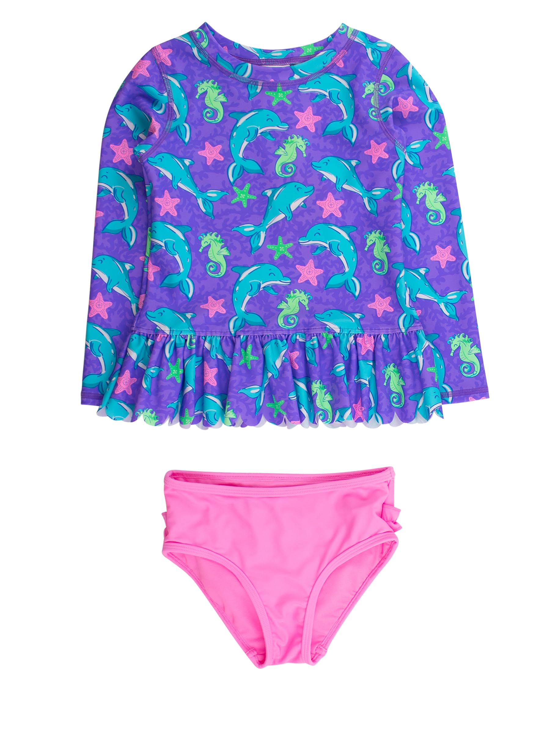 RuffleButts Baby/Toddler Girls Scalloped Long Sleeve Rash Guard 2-Piece UPF50+ Sun Protected Swimsuit - Neon Fin Friends, 4T Image