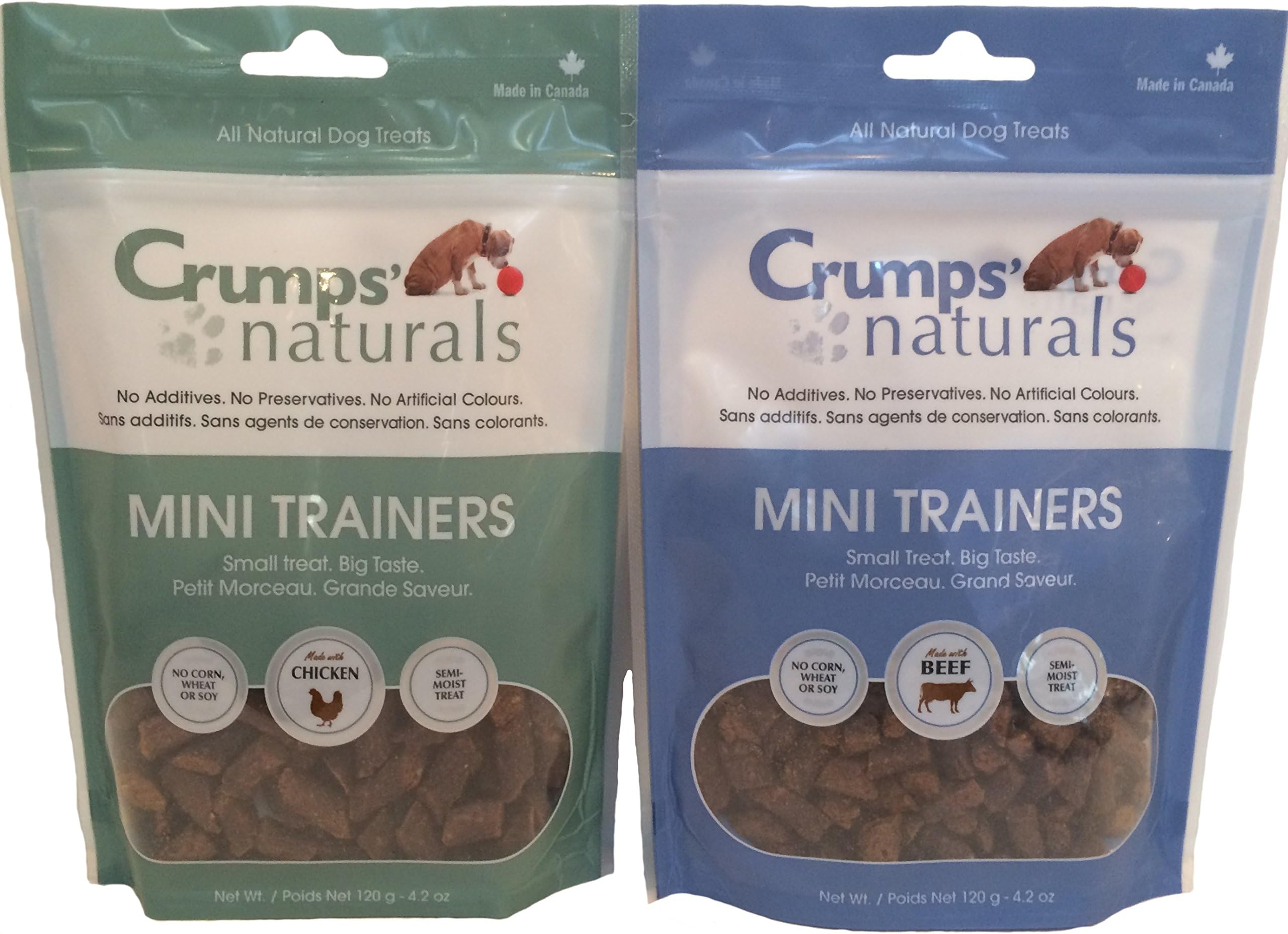 Crumps Naturals Mini Trainers Semi-Soft Dog Treats 2 Flavor Bundle 4.2 Oz (Chicken, Beef)
