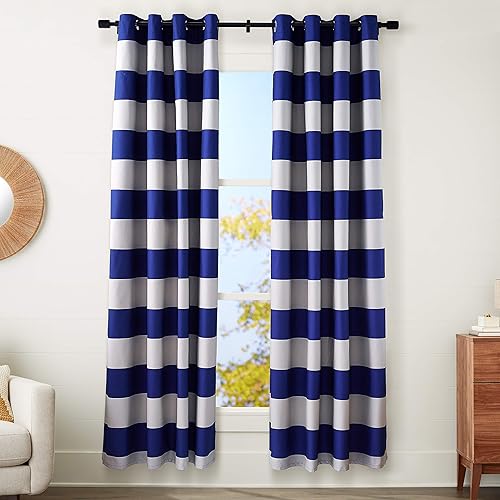 Amazon Basics Room-Darkening Blackout Curtain Set with Grommets - 52" x 84", Navy Stripe