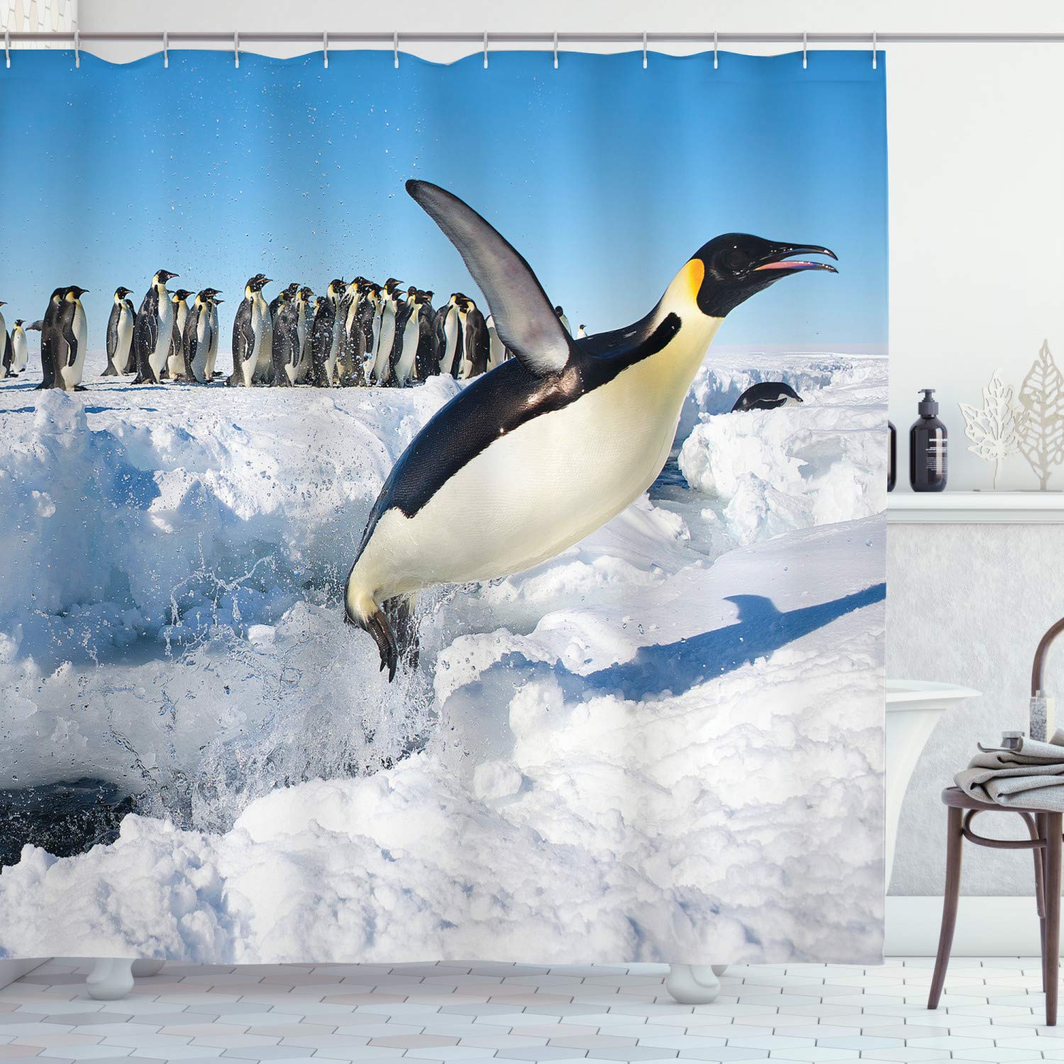 ABAKUHAUS Penguin Shower Curtain, Penguins Pole Wildlife Swimming Flying Dancing Family Group Icebergs Antarctica, Cloth Fabric Bathroom Decor Set with Hooks, 78" Inches, Blue Light Grey — image 1