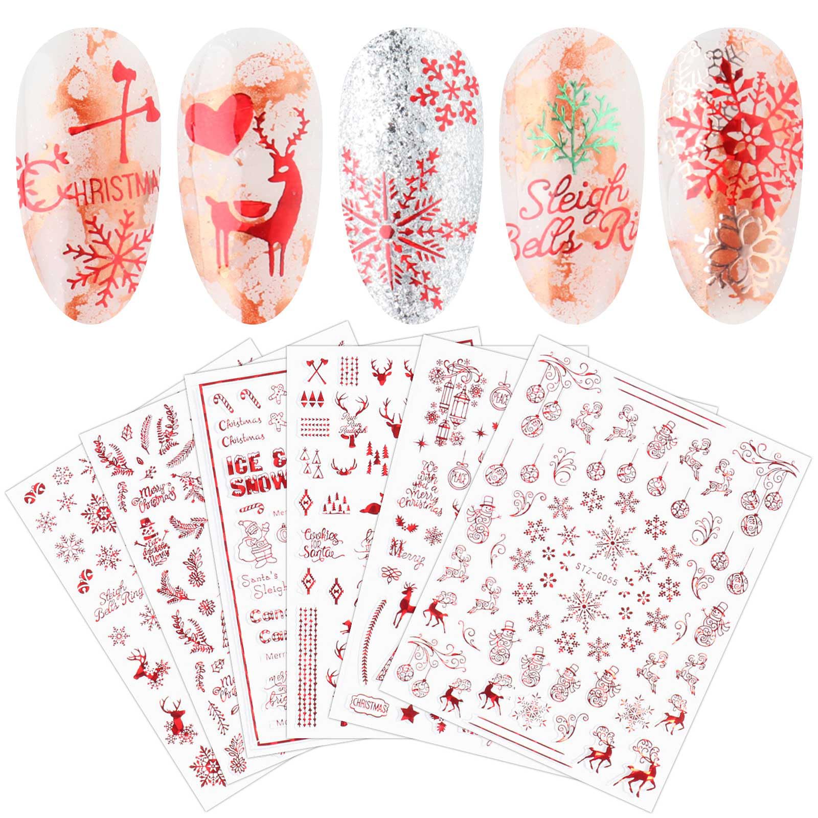 JMEOWIO 9 Sheets Christmas Nail Art Stickers Decals Self-Adhesive Pegatinas Uñas Navidad Holiday Red Snowflake Winter Nail Supplies Nail Art Design Decoration Accessories