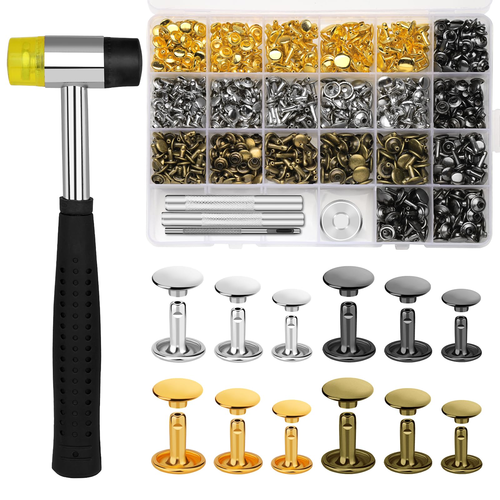 TLKKUE 480 Sets Leather Rivets Kit 4 Colors Double Cap Rivets 3 Sizes Rivet for Leatherworking with Rubber Hammer Fixing Tool Kit 4 Pieces for DIY Leather Craft Clothes Shoes Decoration and Repair