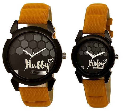 Om Designer Analogue Round Black Dial Hubby-Wifey Men & Women Couple Watch - Popular Couple Bown Belt #215LJK