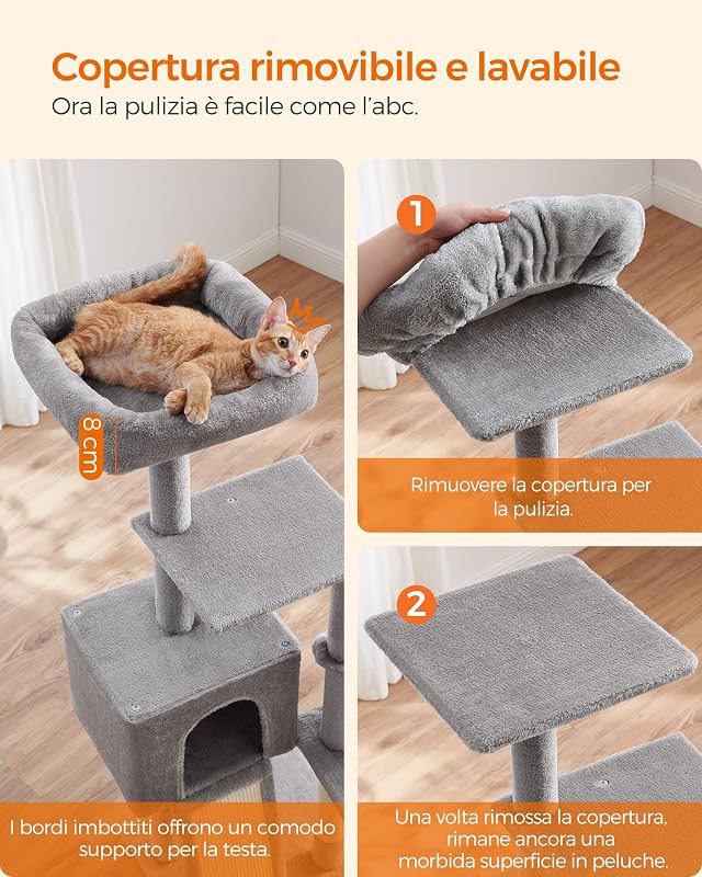 Albero per Gatti, Tiragraffi Piccolo da 135 cm, Condominio per Gatti in Peluche a più Livelli con Copertura per Trespolo Rimovibile Lavabile, Graffiatoio, Cesto, Grotta, Grigio Chiaro