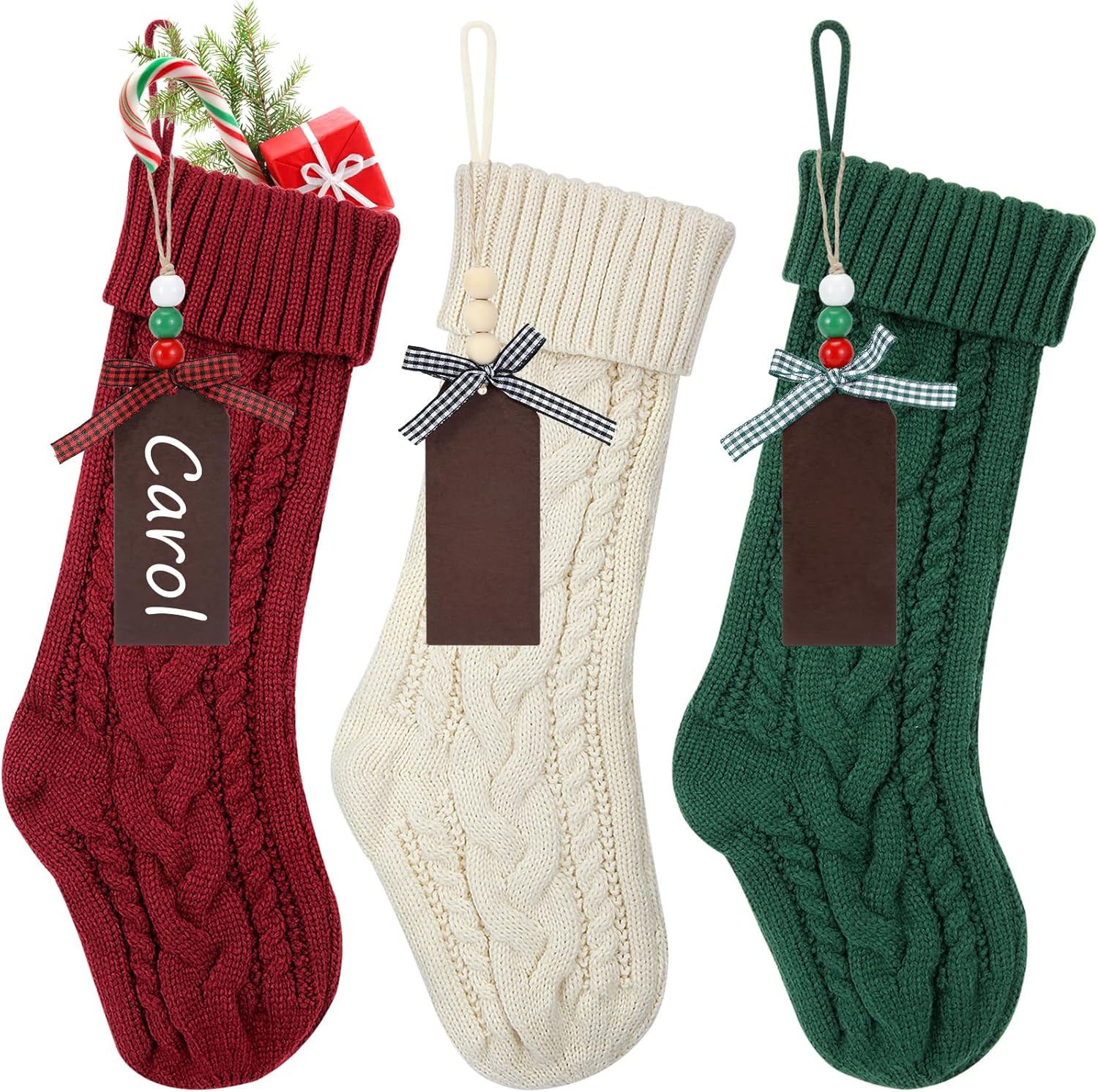 Stockings & Holders - KaKaPops Christmas Stockings, 3 Pack 18 Inches Christmas Stocking with Name Tags Cable Knitted Stocking Decorations for Xmas Family Holiday Party Decor (Burgundy, Green, Ivory)