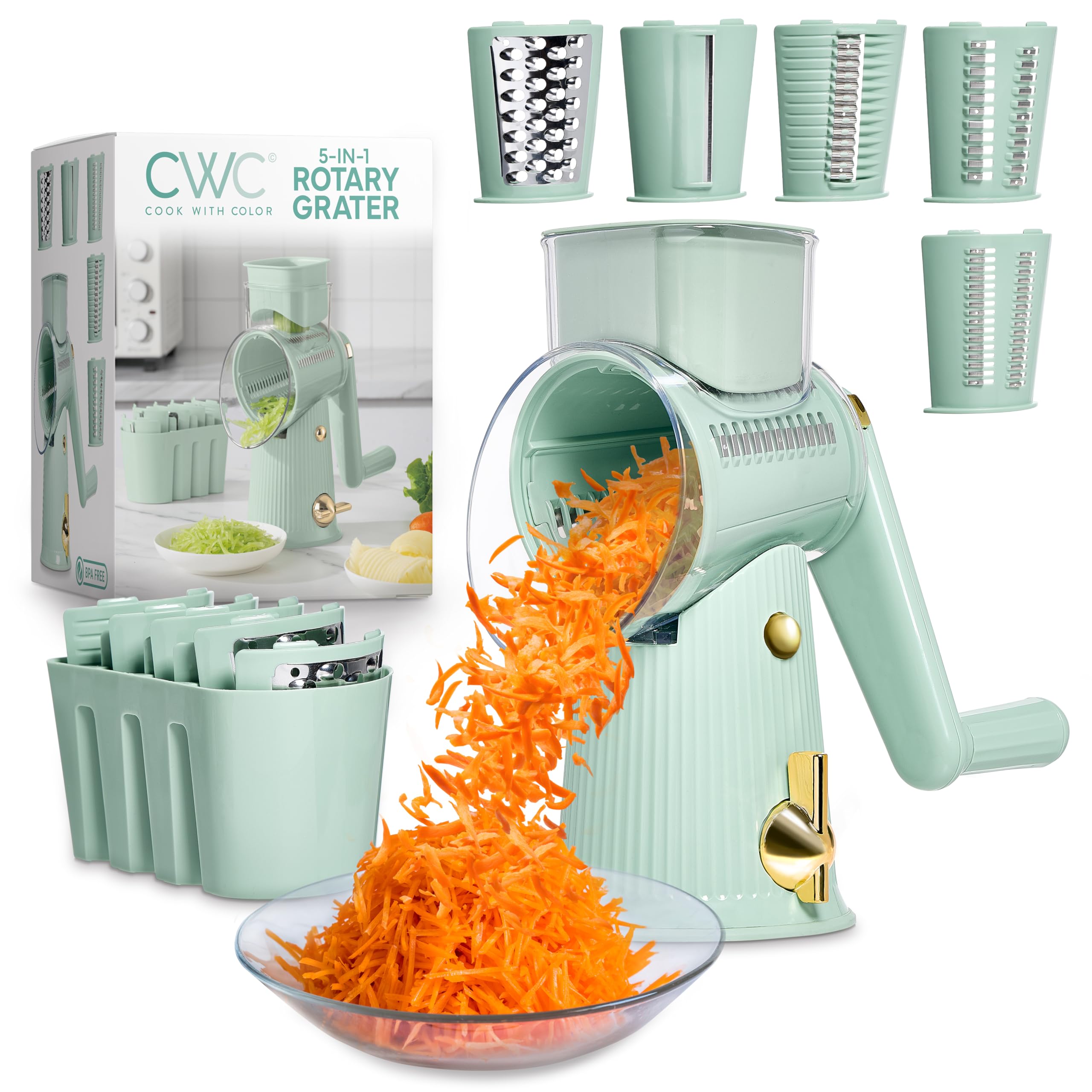 Photo 1 of COOK WITH COLOR Rotary Cheese Grater with Handle - Counter Cheese Grater Suction Base with Hand Crank - 5 Blade Cheese Shredder - Easy to Use Manual Vegetable Chopper and Mandolin