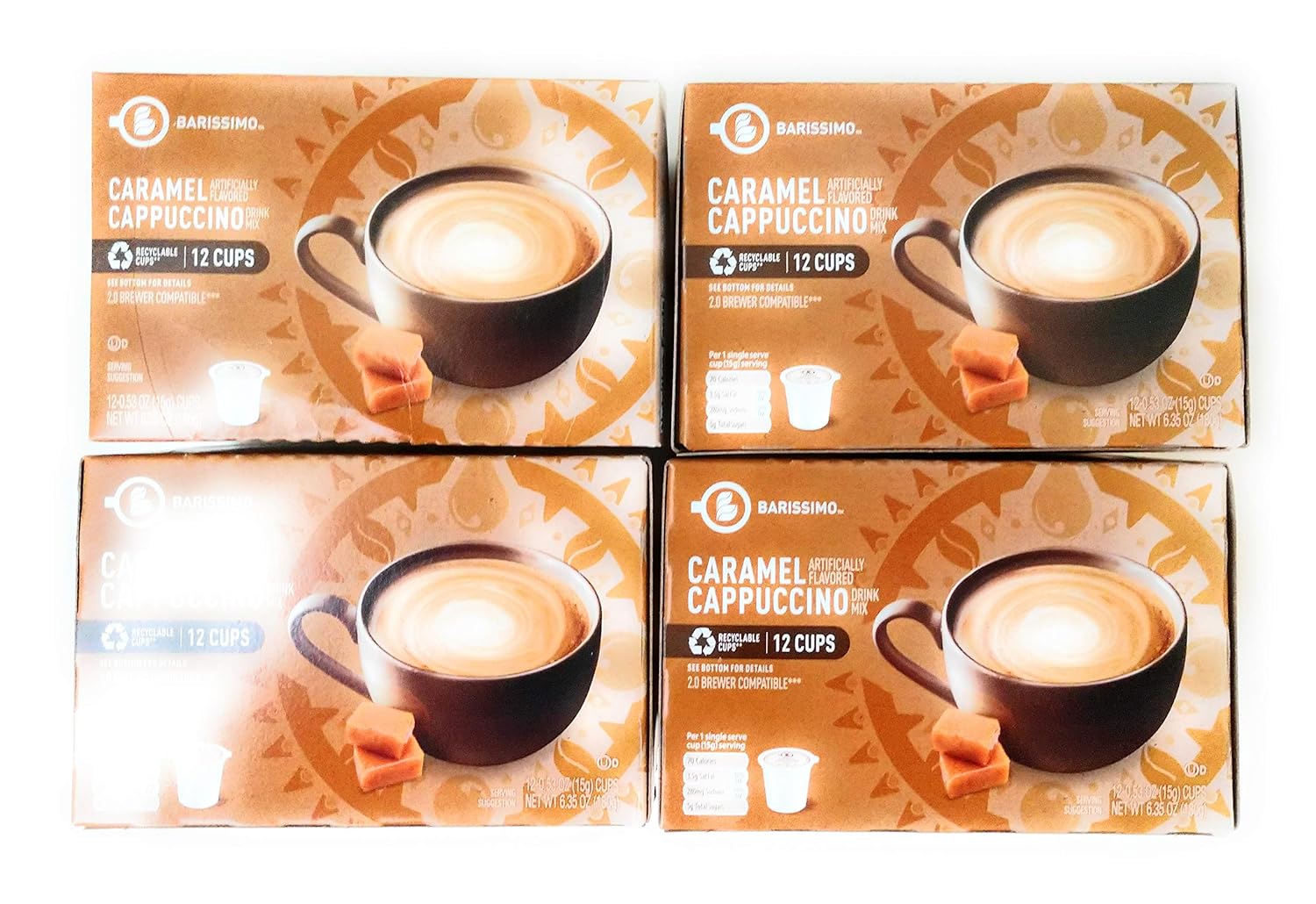 Barissimo Caramel Cappuccino Coffee Drink Mix KCup Compatible 4 boxes 48 pods total