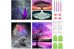 FineGearPow 4 Pack 5D Diamond Painting Kits for Adults, DIY Diamond Art for Adults, Full Drill Crystal Art for Home Wall Decor Dots, 11.8" x 11.8" / 15.7" (Peacock Elephant Trees Night)