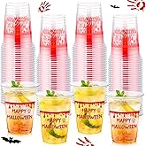 Tiangrid 100 Pcs Halloween Plastic Cups 16 oz Clear Disposable Blood Print Halloween Cups Bulk for Trick or Treat Spooky Scary Party Supplies Decoration