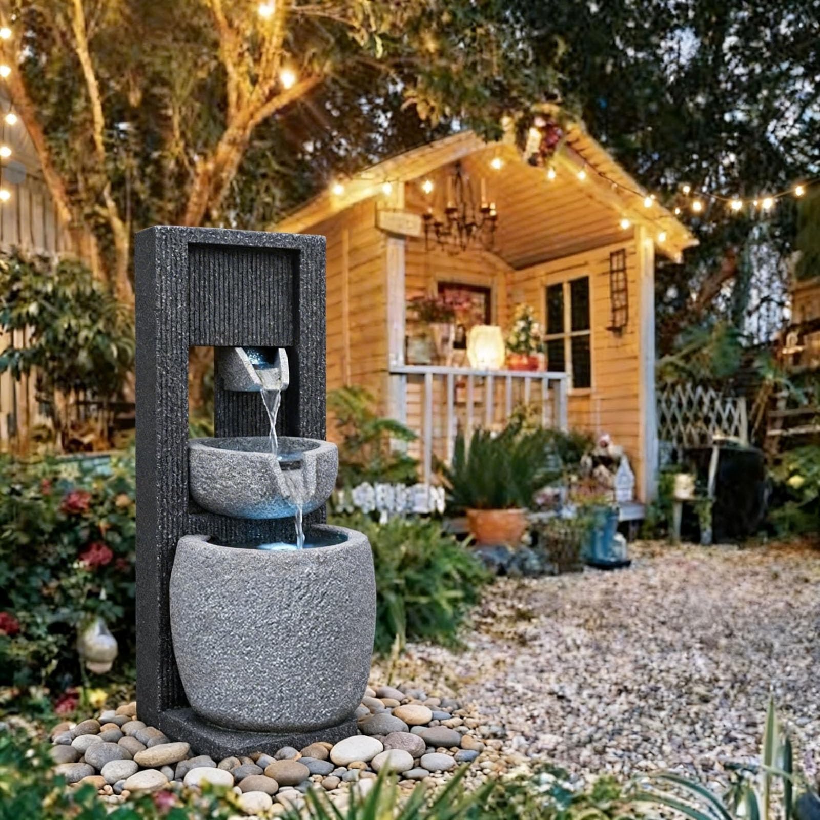 Qingyignge 27” H Modern Outdoor Fountain 2 Crocks Outdoor Garden Fountains LED Light for Garden, Patio, Deck, Porch, Backyard and Home Art Decor