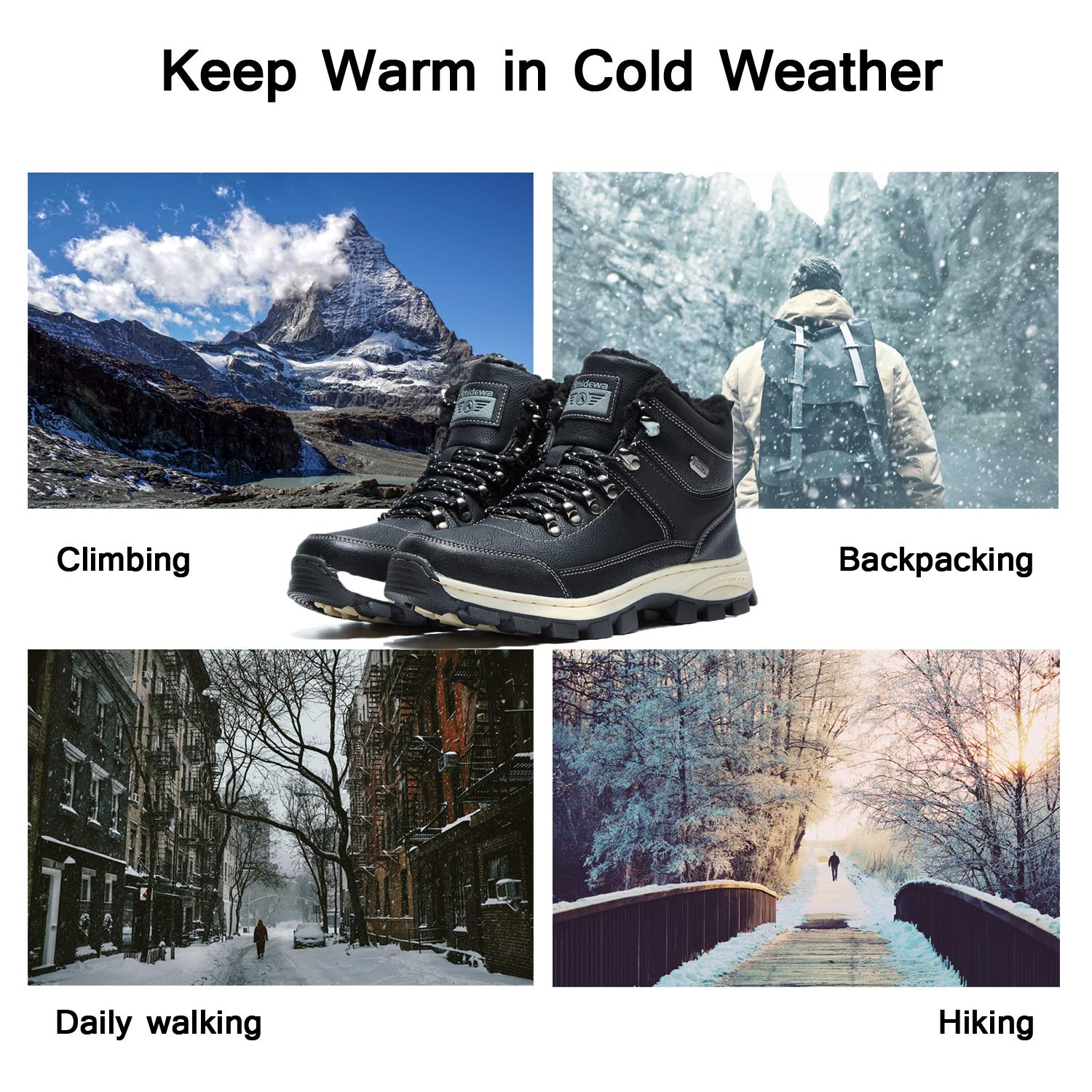 AMIDEWA Men\'s Snow Ankle Boots Fur Lined Warm Anti-Slip Outdoor Work Shoes for Cold Weather Hiking Camping Backpacking - Black - 8