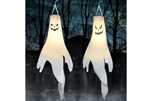 YOTNUS Halloween-Decorations-Outdoor Hanging-Ghost Windsocks for Trees with Timer, LED Ghosts to Hang in Tree Porch Yard, Waterproof, Timer,2 Pcs (No Batteries)