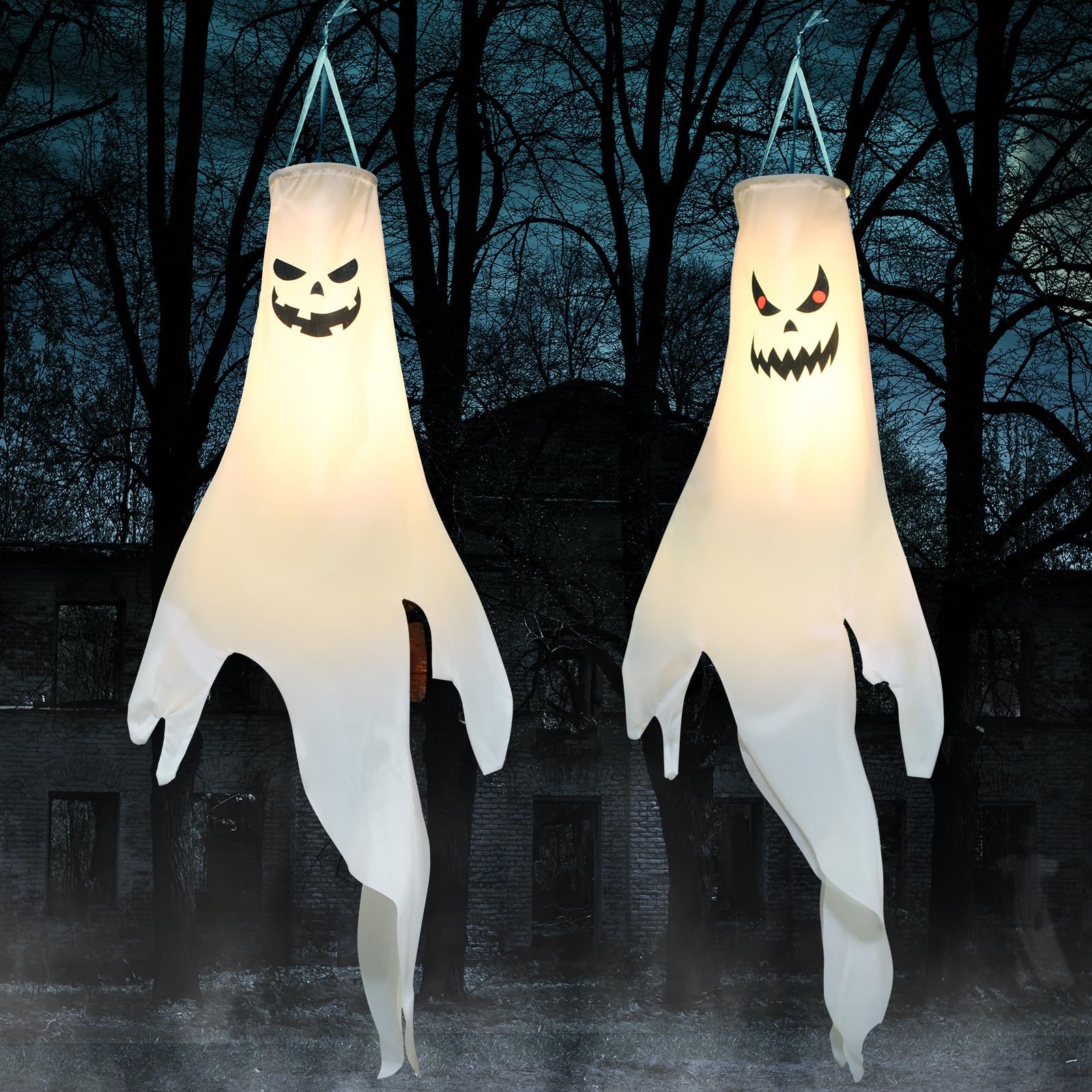 Photo 1 of YOTNUS Halloween-Decorations-Outdoor Hanging-Ghost Windsocks for Trees with Timer, LED Ghosts to Hang in Tree Porch Yard, Waterproof, Timer,2 Pcs (No Batteries)